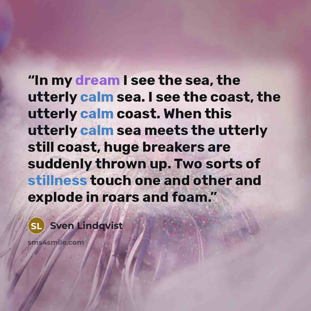“In my dream I see the sea, the utterly calm sea. I see the coast, the utterly calm coast. When this utterly calm sea meets the utterly still coast, huge breakers are suddenly thrown up. Two sorts of stillness touch one and other and explode in roars and foam.” quote by Sven Lindqvist