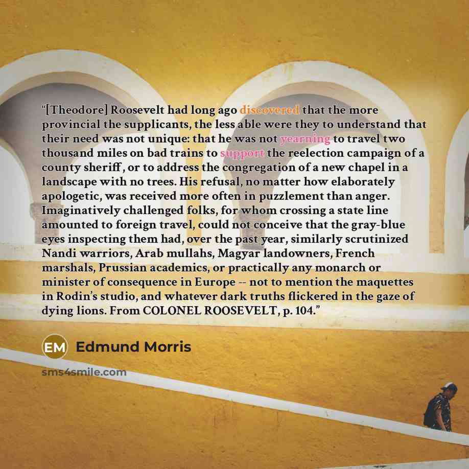 “[Theodore] Roosevelt had long ago discovered that the more provincial the supplicants, the less able were they to understand that their need was not unique: that he was not yearning to travel two thousand miles on bad trains to support the reelection campaign of a county sheriff, or to address the…” quote by Edmund Morris