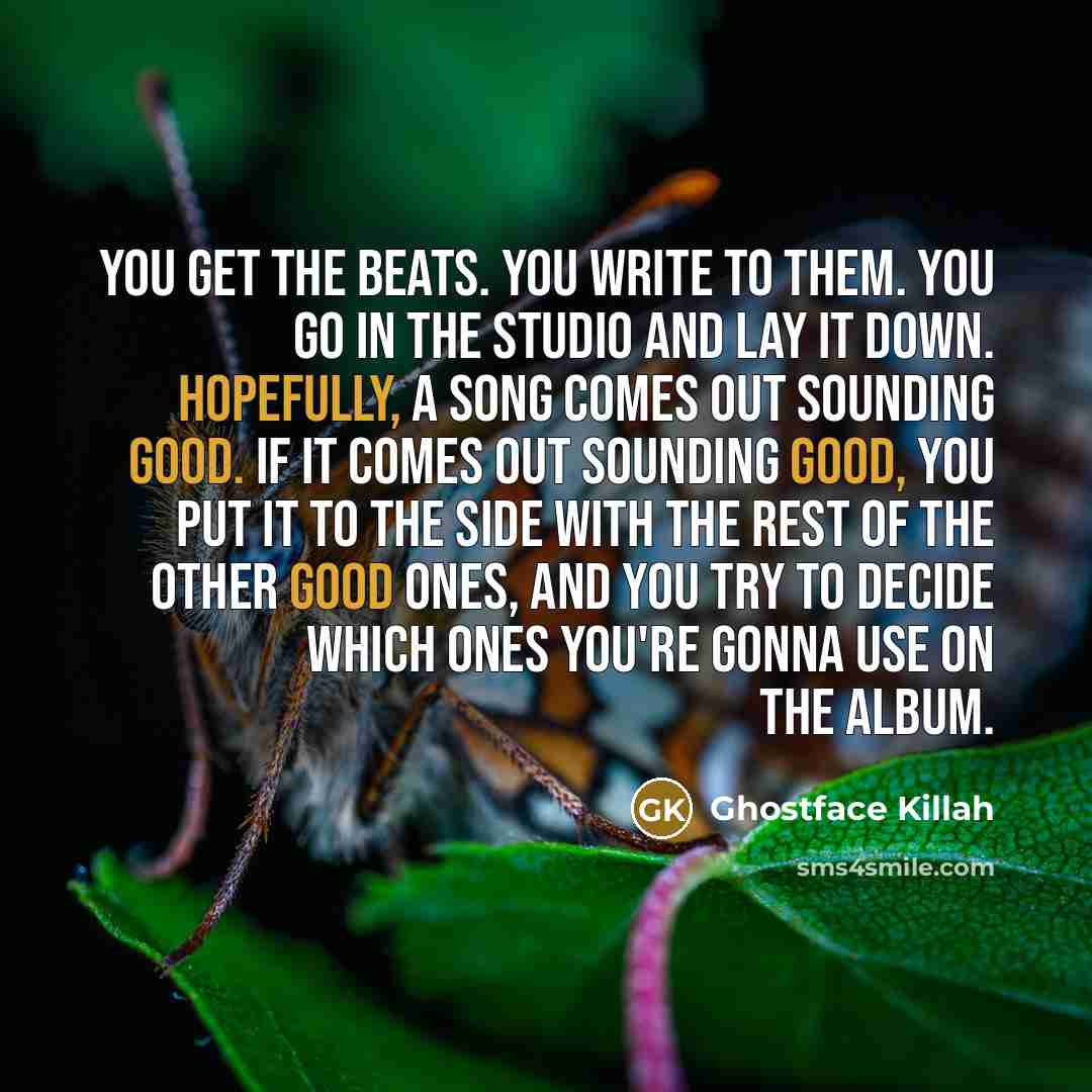 “You get the beats. You write to them. You go in the studio and lay it down. Hopefully, a song comes out sounding good. If it comes out sounding good, you put it to the side with the rest of the other good ones, and you try to decide which ones you're gonna use on the album.” quote by Ghostface Killah