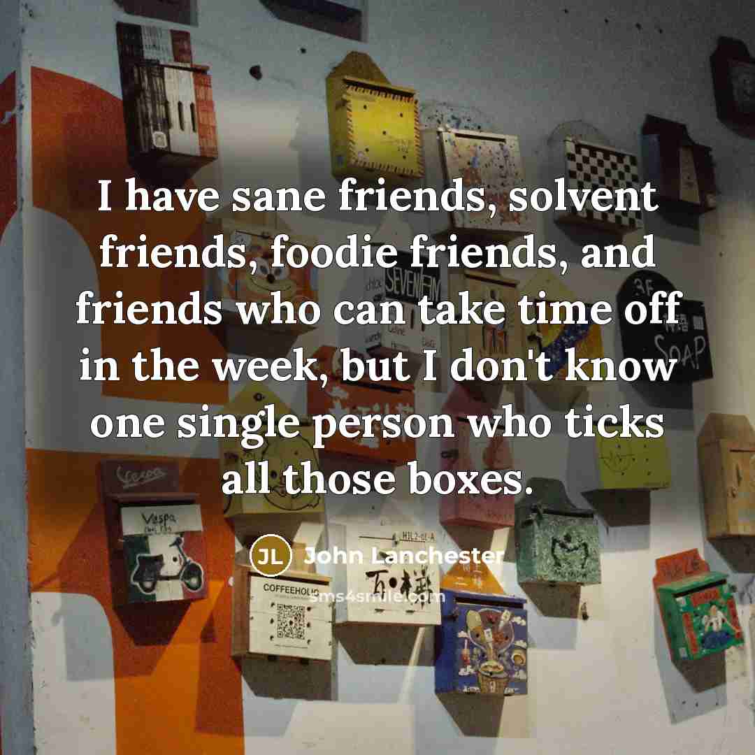 “I have sane friends, solvent friends, foodie friends, and friends…” quote by John Lanchester