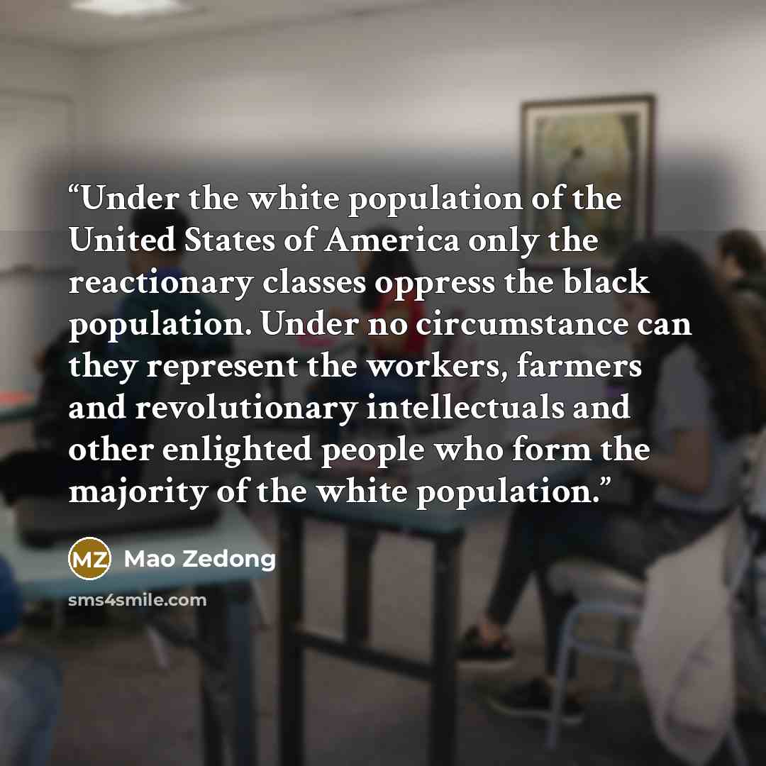 “Under the white population of the United States of America only the reactionary classes oppress the black population. Under no circumstance can they represent the workers, farmers and revolutionary intellectuals and other enlighted people who form the majority of the white population.” quote by Mao Zedong