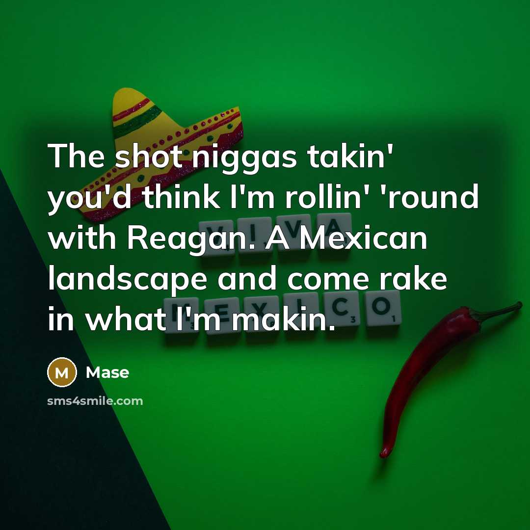“The shot niggas takin' you'd think I'm rollin' 'round with Reagan. A Mexican landscape and come rake in what I'm makin.” quote by Mase