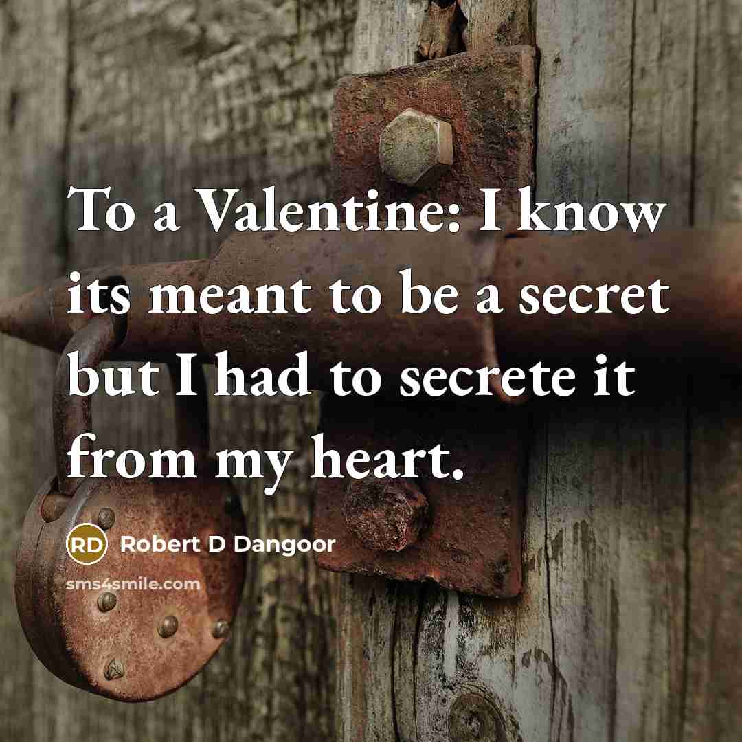 “To a Valentine: I know its meant to be a secret but I had to secrete it from my heart.” quote by Robert D Dangoor