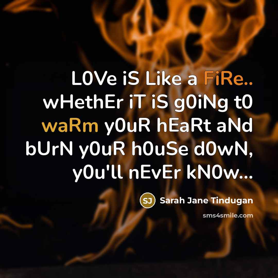“L0Ve iS Like a FiRe.. wHethEr iT iS g0iNg t0 waRm y0uR hEaRt aNd bUrN y0uR h0uSe d0wN, y0u'll nEvEr kN0w…” quote by Sarah Jane Tindugan