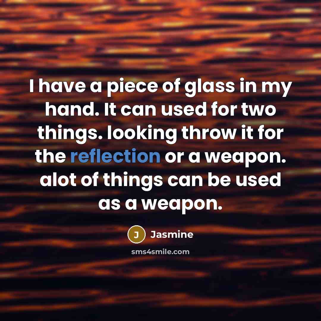 “I have a piece of glass in my hand. It can used for two things. looking throw it for the reflection or a weapon. alot of things can be used as a weapon.” quote by Jasmine