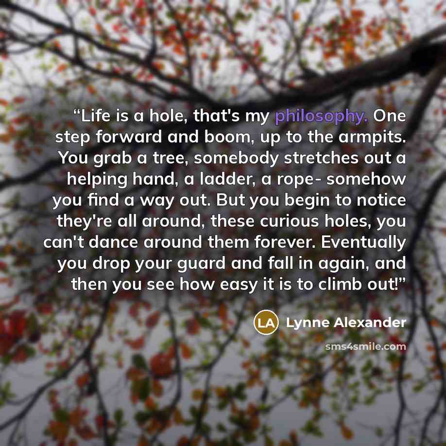 “Life is a hole, that's my philosophy. One step forward and boom, up to the armpits. You grab a tree, somebody stretches out a helping hand, a ladder, a rope- somehow you find a way out. But you begin to notice they're all around, these curious holes, you can't dance around them forever. Eventually…” quote by Lynne Alexander
