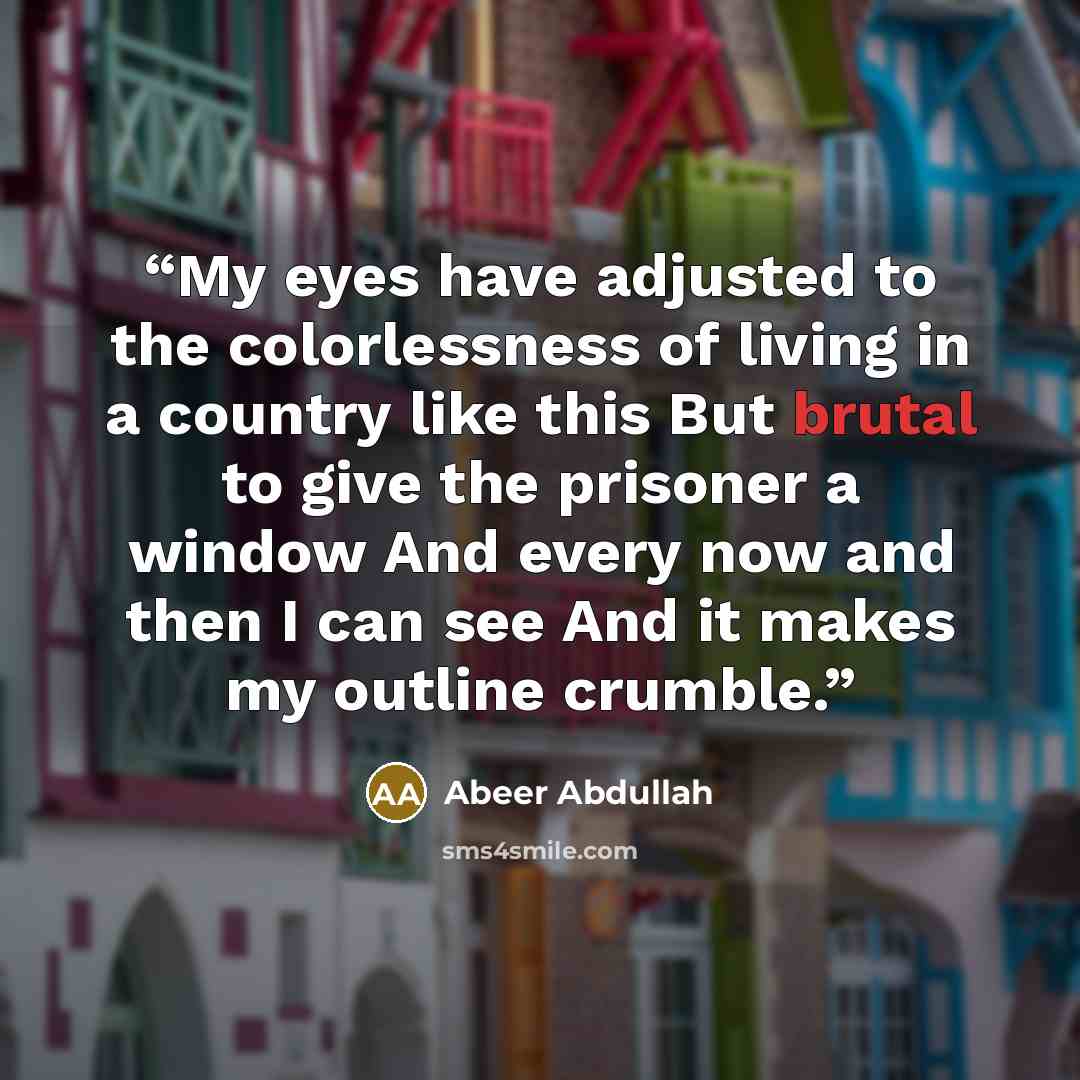 “My eyes have adjusted to the colorlessness of living in a country like this But brutal to give the prisoner a window And every now and then I can see And it makes my outline crumble.” quote by Abeer Abdullah