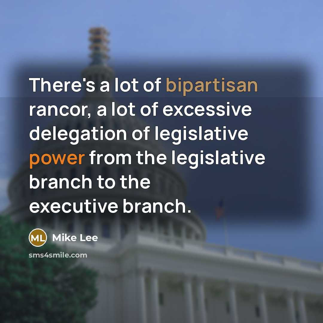 “There's a lot of bipartisan rancor, a lot of excessive delegation of legislative power from the legislative branch to the executive branch.” quote by Mike Lee