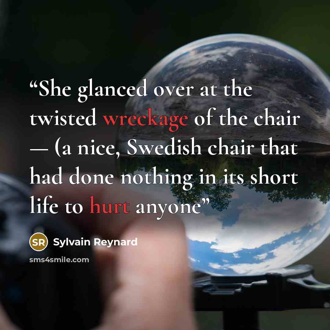 “She glanced over at the twisted wreckage of the chair — (a nice, Swedish chair that had done nothing in its short life to hurt anyone” quote by Sylvain Reynard