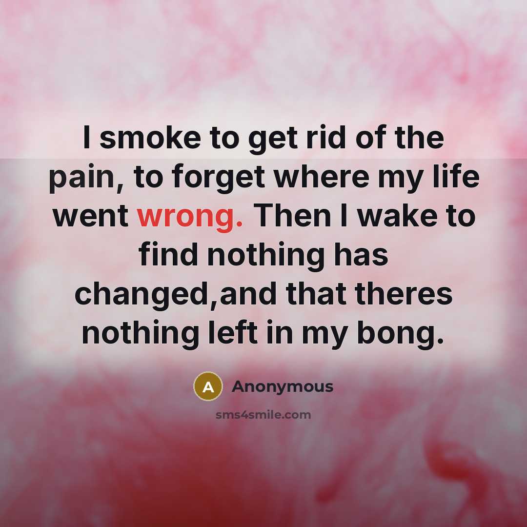 “I smoke to get rid of the pain, to forget where my life went wrong. Then I wake to find nothing has changed,and that theres nothing left in my bong.” quote by Anonymous