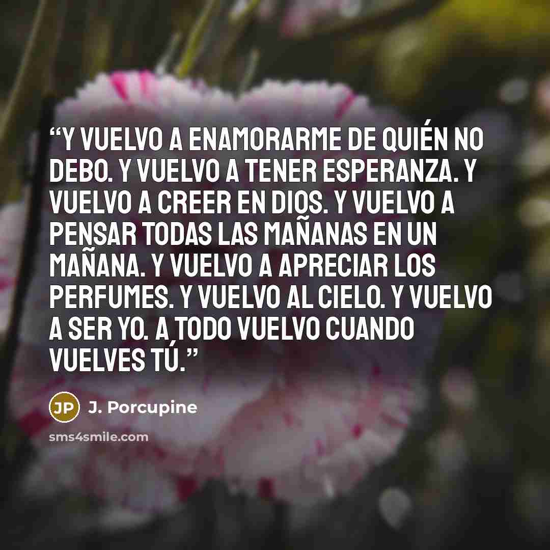 “Y vuelvo a enamorarme de quién no debo. Y vuelvo a tener esperanza. Y vuelvo a creer en Dios. Y vuelvo a pensar todas las mañanas en un mañana. Y vuelvo a apreciar los perfumes. Y vuelvo al cielo. Y vuelvo a ser yo. A todo vuelvo cuando vuelves tú.” quote by J. Porcupine