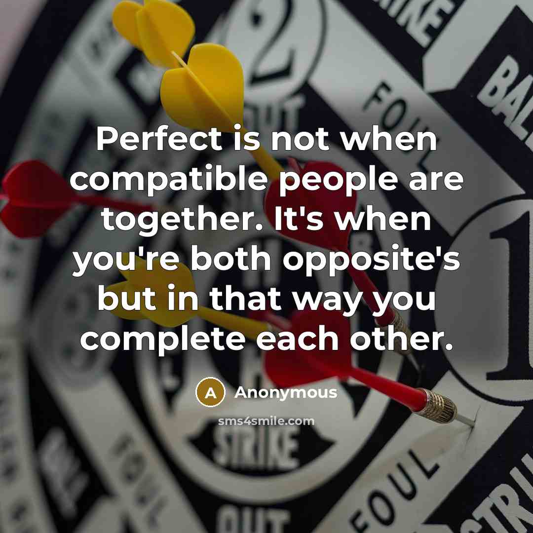 “Perfect is not when compatible people are together. It's when you're both opposite's but in that way you complete each other.” quote by Anonymous