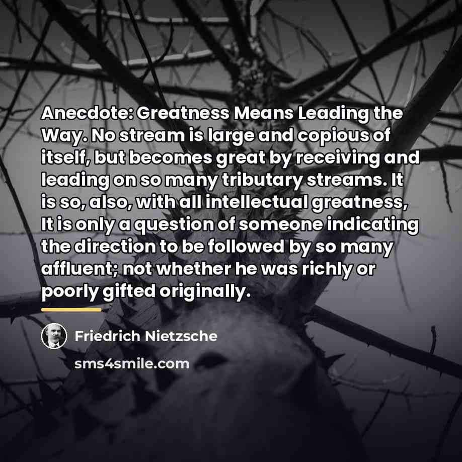 “Anecdote: Greatness Means Leading the Way. No stream is large…” quote by Friedrich Nietzsche