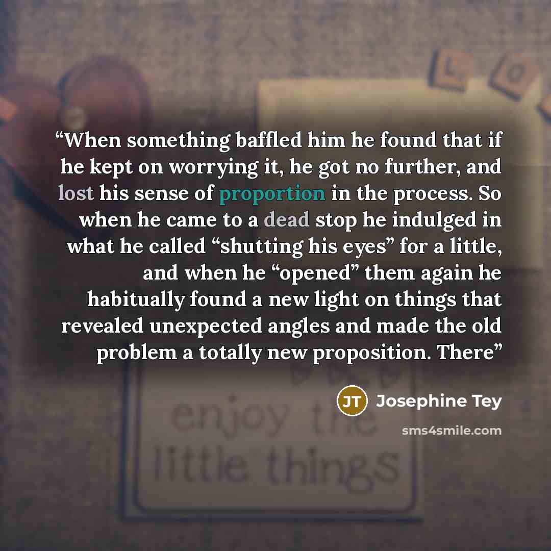 “When something baffled him he found that if he kept on worrying it, he got no further, and lost his sense of proportion in the process. So when he came to a dead stop he indulged in what he called “shutting his eyes” for a little, and when he “opened” them again he habitually found a new light on…” quote by Josephine Tey