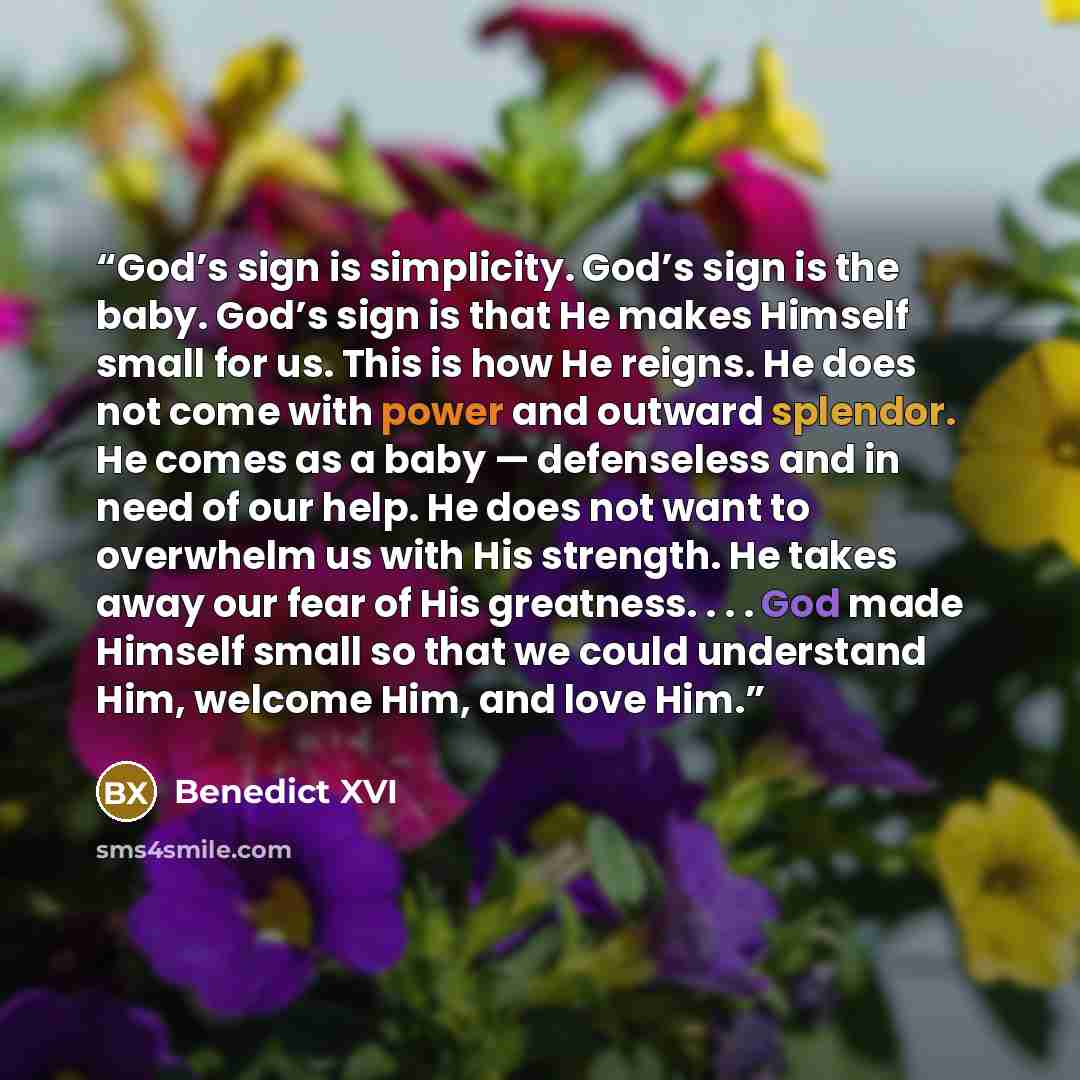 “God’s sign is simplicity. God’s sign is the baby. God’s sign is that He makes Himself small for us. This is how He reigns. He does not come with power and outward splendor. He comes as a baby — defenseless and in need of our help. He does not want to overwhelm us with His strength. He takes away…” quote by Benedict XVI