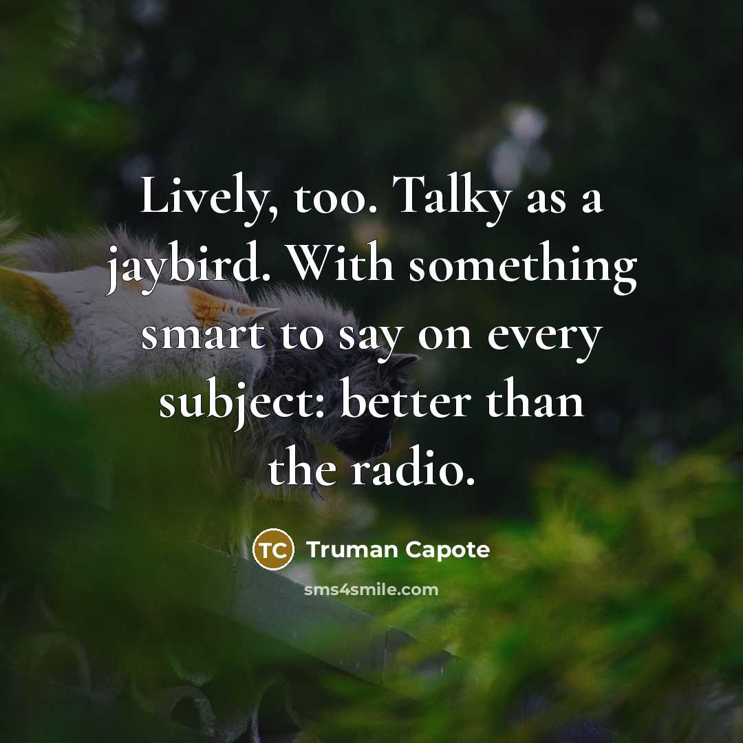 “Lively, too. Talky as a jaybird. With something smart to…” quote by Truman Capote