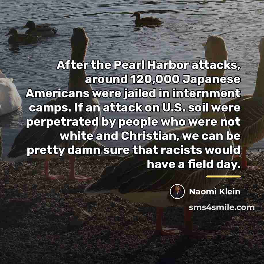 “After the Pearl Harbor attacks, around 120,000 Japanese Americans were…” quote by Naomi Klein