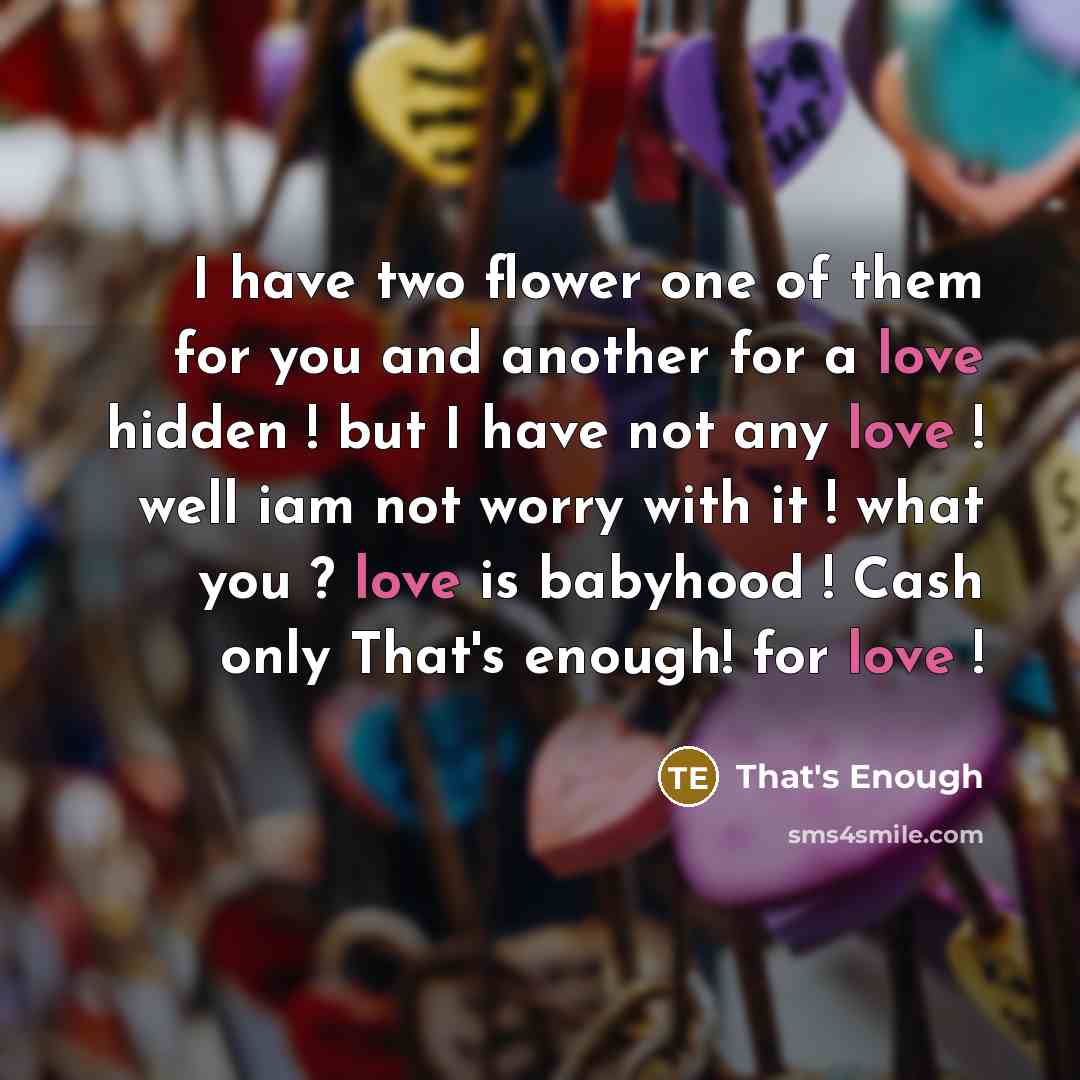 “I have two flower one of them for you and another for a love hidden ! but I have not any love ! well iam not worry with it ! what you ? love is babyhood ! Cash only That's enough! for love !” quote by That's Enough