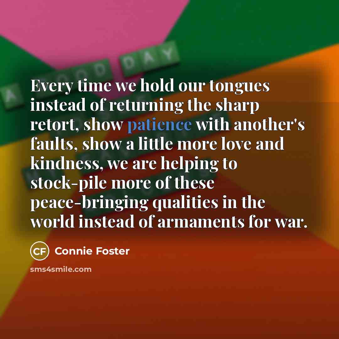 “Every time we hold our tongues instead of returning the sharp retort, show patience with another's faults, show a little more love and kindness, we are helping to stock-pile more of these peace-bringing qualities in the world instead of armaments for war.” quote by Connie Foster