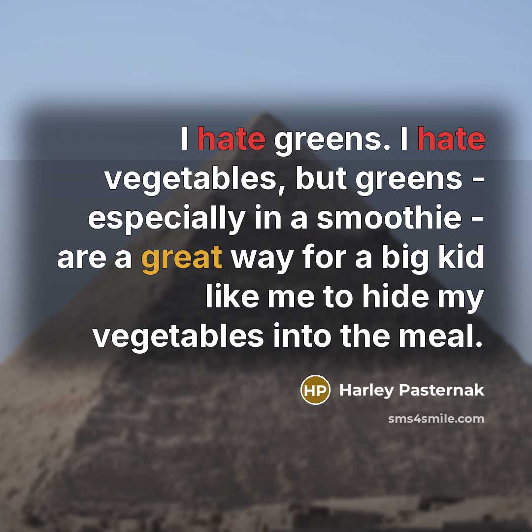 “I hate greens. I hate vegetables, but greens - especially in a smoothie - are a great way for a big kid like me to hide my vegetables into the meal.” quote by Harley Pasternak