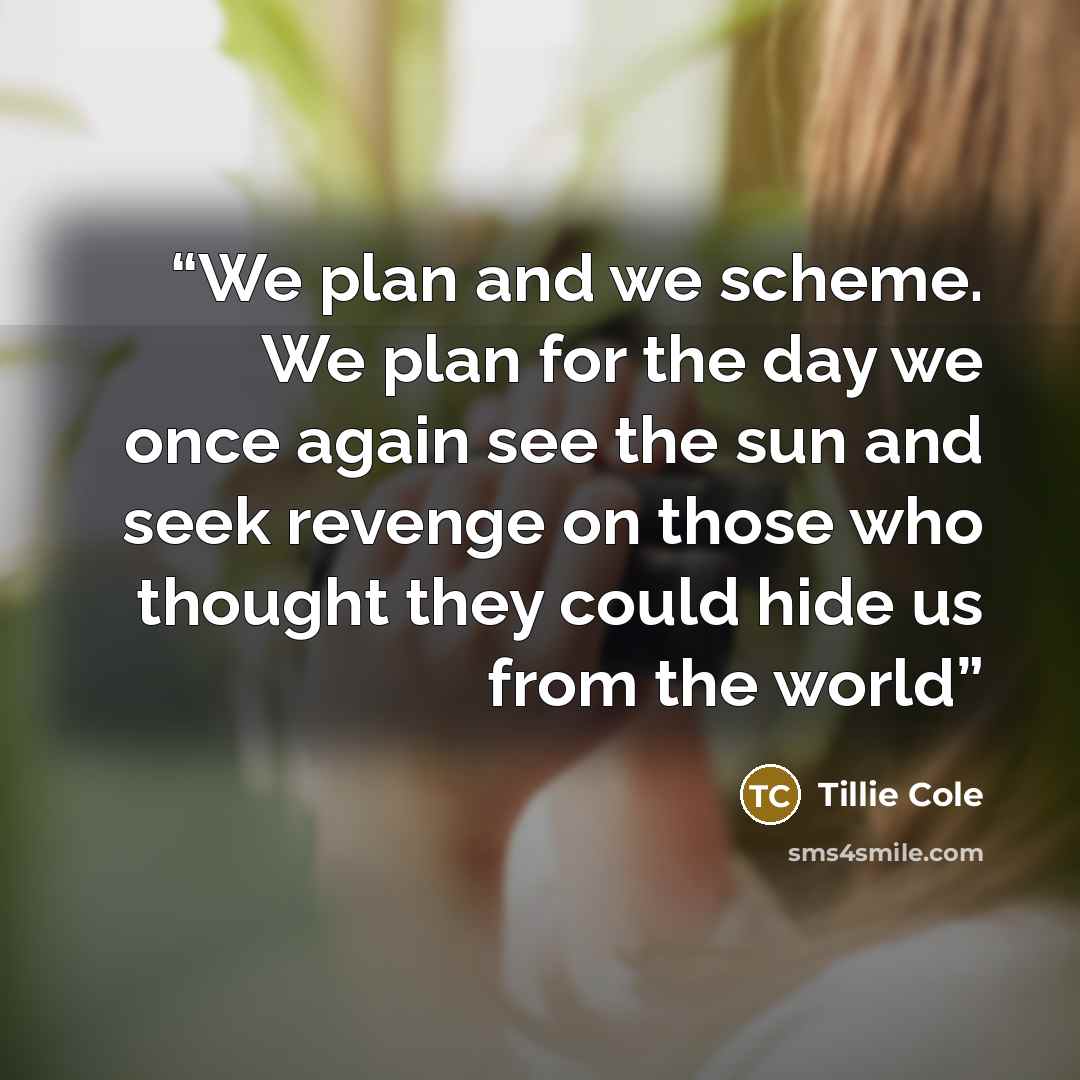 “We plan and we scheme. We plan for the day we once again see the sun and seek revenge on those who thought they could hide us from the world” quote by Tillie Cole