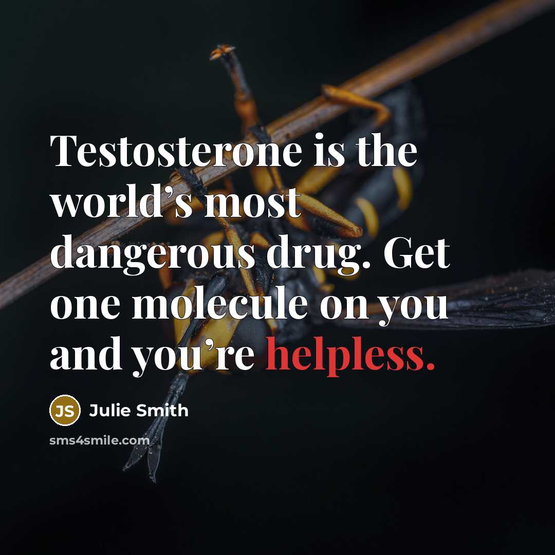 “Testosterone is the world’s most dangerous drug. Get one molecule…” quote by Julie Smith