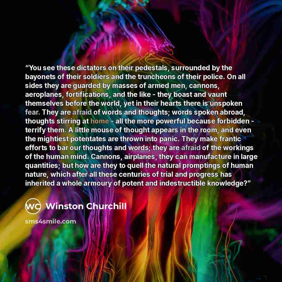 “You see these dictators on their pedestals, surrounded by the bayonets of their soldiers and the truncheons of their police. On all sides they are guarded by masses of armed men, cannons, aeroplanes, fortifications, and the like - they boast and vaunt themselves before the world, yet in their…” quote by Winston Churchill