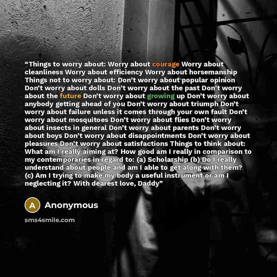 “Things to worry about: Worry about courage Worry about cleanliness Worry about efficiency Worry about horsemanship Things not to worry about: Don’t worry about popular opinion Don’t worry about dolls Don’t worry about the past Don’t worry about the future Don’t worry about growing up Don’t worry…” quote by Anonymous