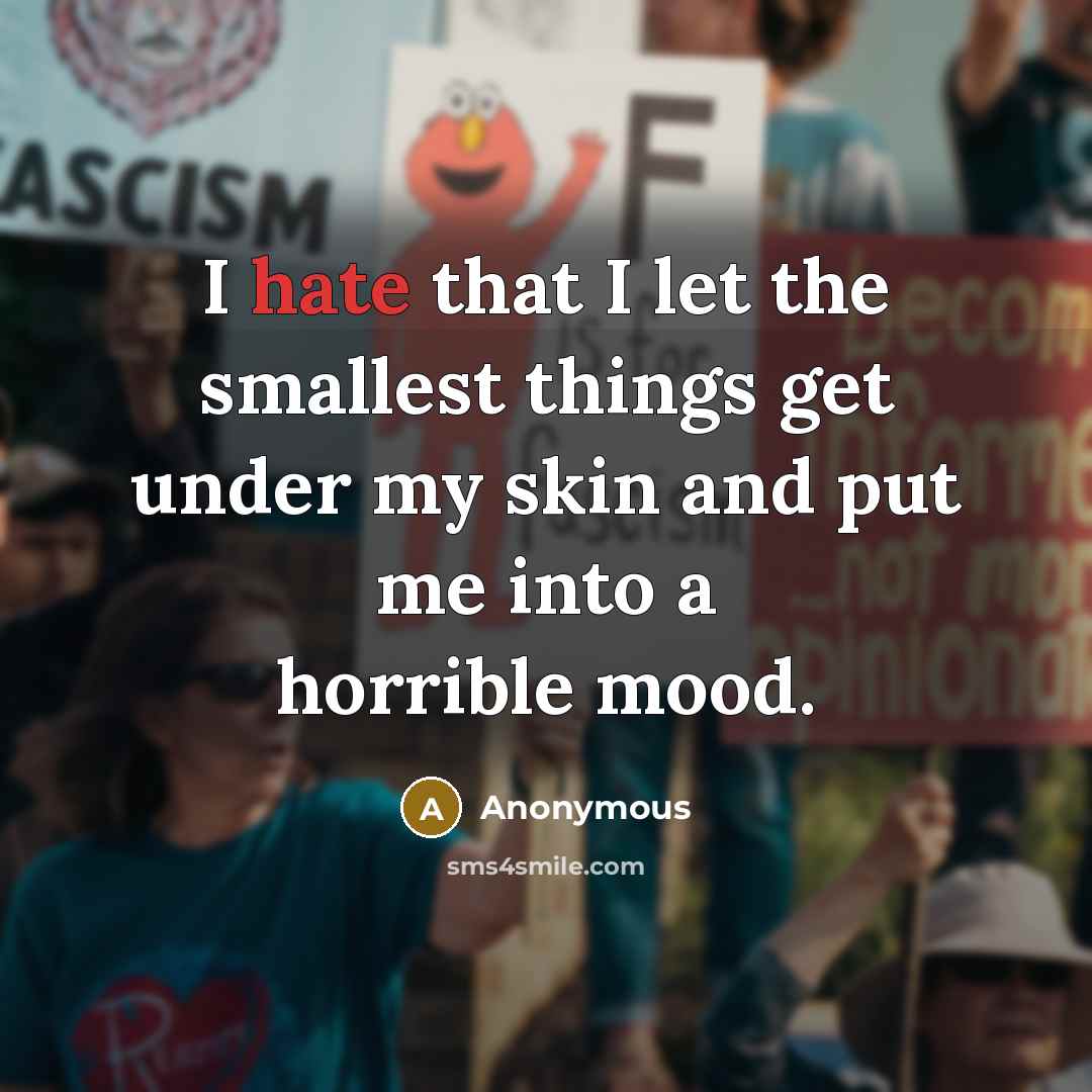 “I hate that I let the smallest things get under my skin and put me into a horrible mood.” quote by Anonymous