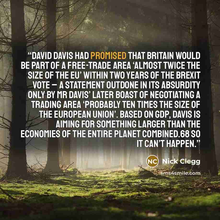 “David Davis had promised that Britain would be part of a free-trade area ‘almost twice the size of the EU’ within two years of the Brexit vote – a statement outdone in its absurdity only by Mr Davis’ later boast of negotiating a trading area ‘probably ten times the size of the European Union’…” quote by Nick Clegg