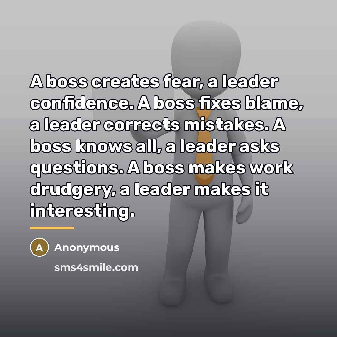 “A boss creates fear, a leader confidence. A boss fixes…” quote by Russell H Ewing