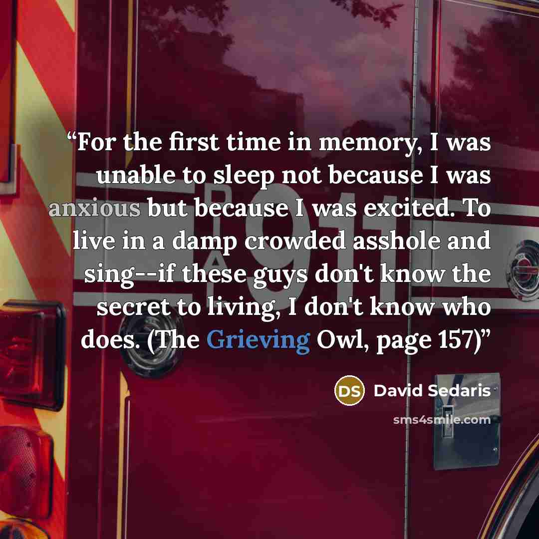 “For the first time in memory, I was unable to sleep not because I was anxious but because I was excited. To live in a damp crowded asshole and sing--if these guys don't know the secret to living, I don't know who does. (The Grieving Owl, page 157)” quote by David Sedaris