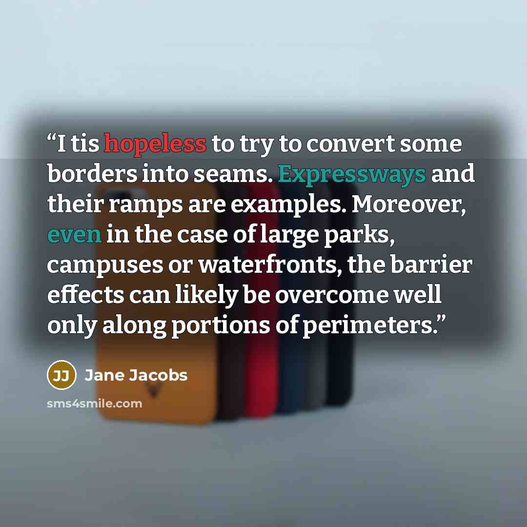 “I tis hopeless to try to convert some borders into seams. Expressways and their ramps are examples. Moreover, even in the case of large parks, campuses or waterfronts, the barrier effects can likely be overcome well only along portions of perimeters.” quote by Jane Jacobs