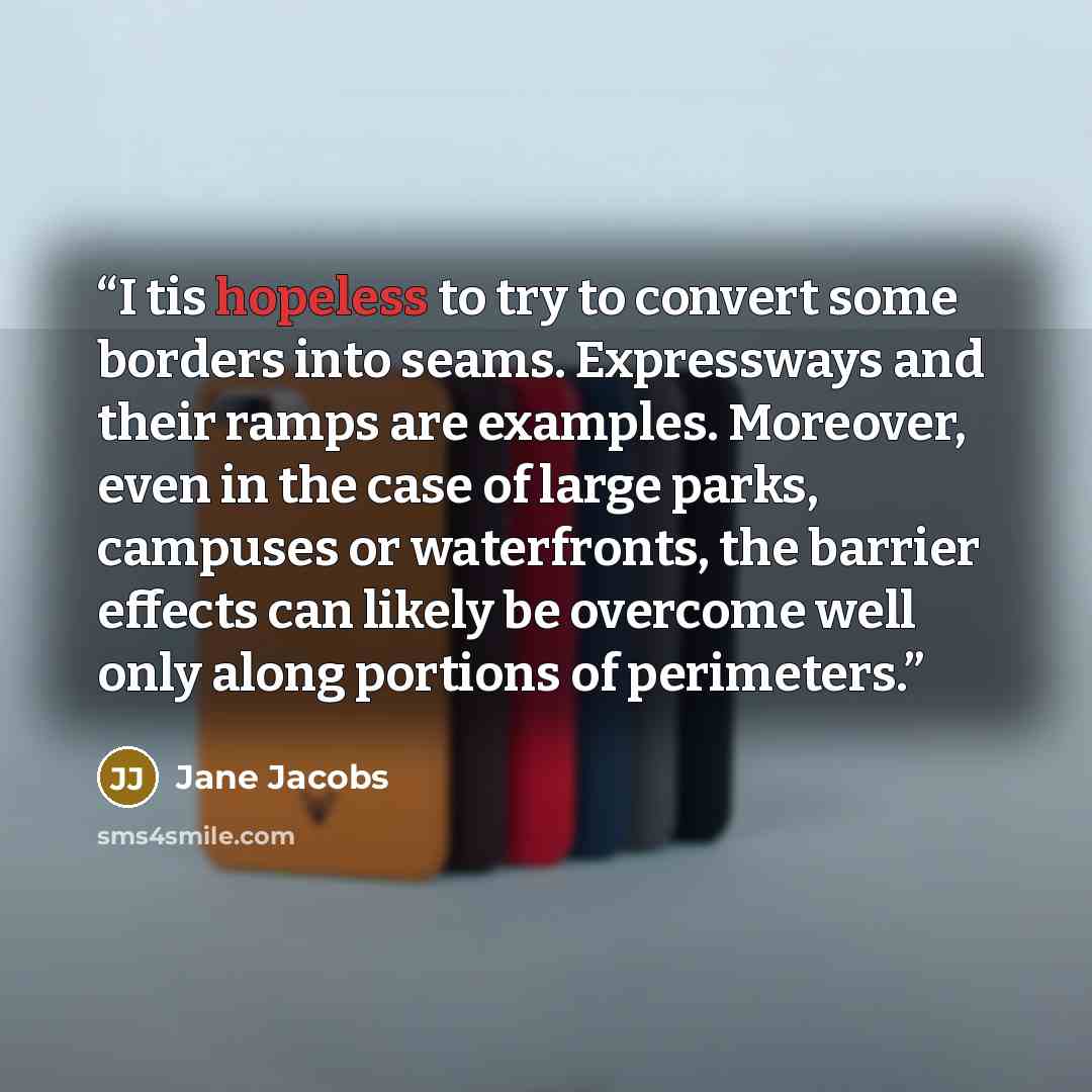 “I tis hopeless to try to convert some borders into seams. Expressways and their ramps are examples. Moreover, even in the case of large parks, campuses or waterfronts, the barrier effects can likely be overcome well only along portions of perimeters.” quote by Jane Jacobs