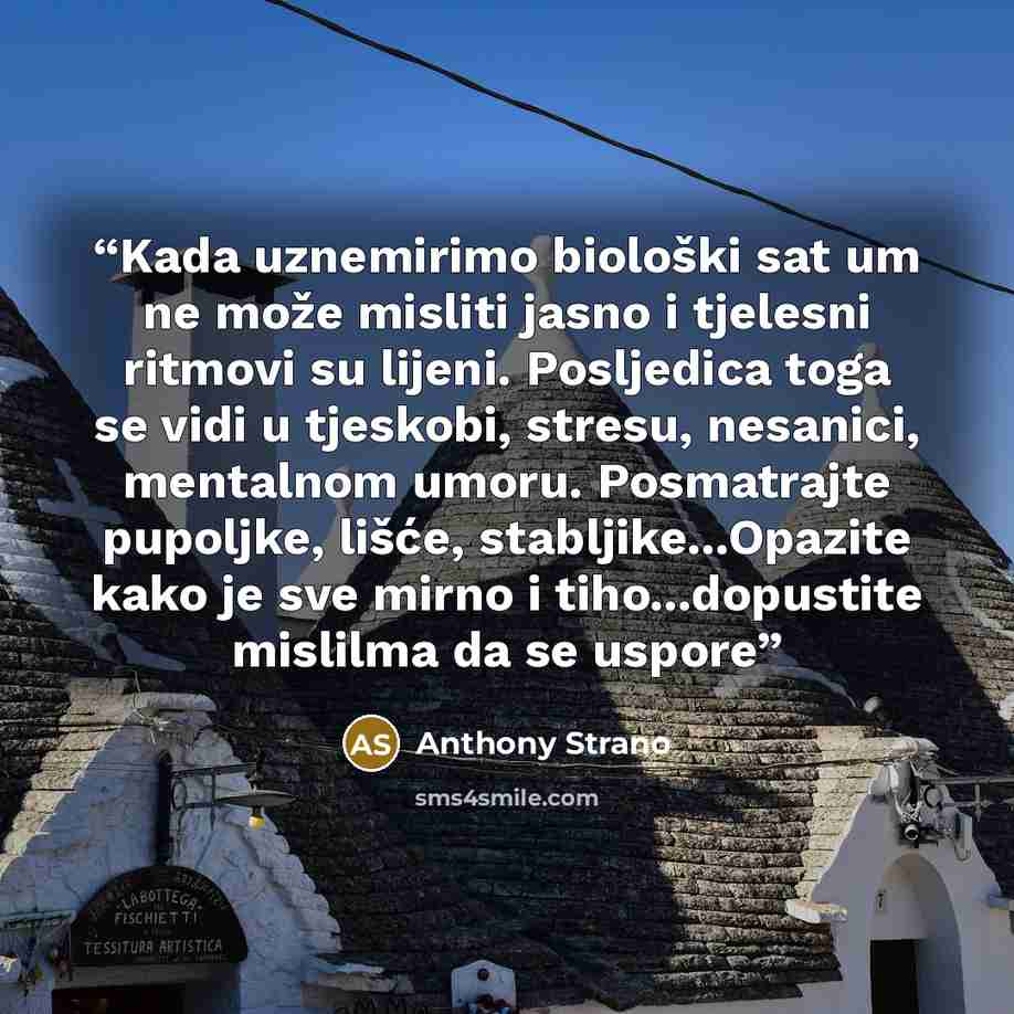 “Kada uznemirimo biološki sat um ne može misliti jasno i tjelesni ritmovi su lijeni. Posljedica toga se vidi u tjeskobi, stresu, nesanici, mentalnom umoru. Posmatrajte pupoljke, lišće, stabljike...Opazite kako je sve mirno i tiho...dopustite mislilma da se uspore” quote by Anthony Strano