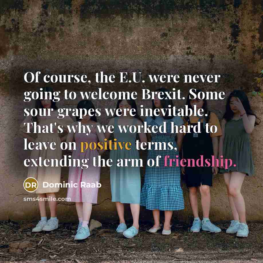 “Of course, the E.U. were never going to welcome Brexit. Some sour grapes were inevitable. That's why we worked hard to leave on positive terms, extending the arm of friendship.” quote by Dominic Raab