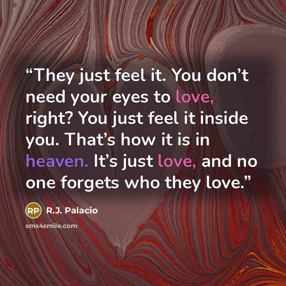 “They just feel it. You don’t need your eyes to love, right? You just feel it inside you. That’s how it is in heaven. It’s just love, and no one forgets who they love.” quote by R.J. Palacio