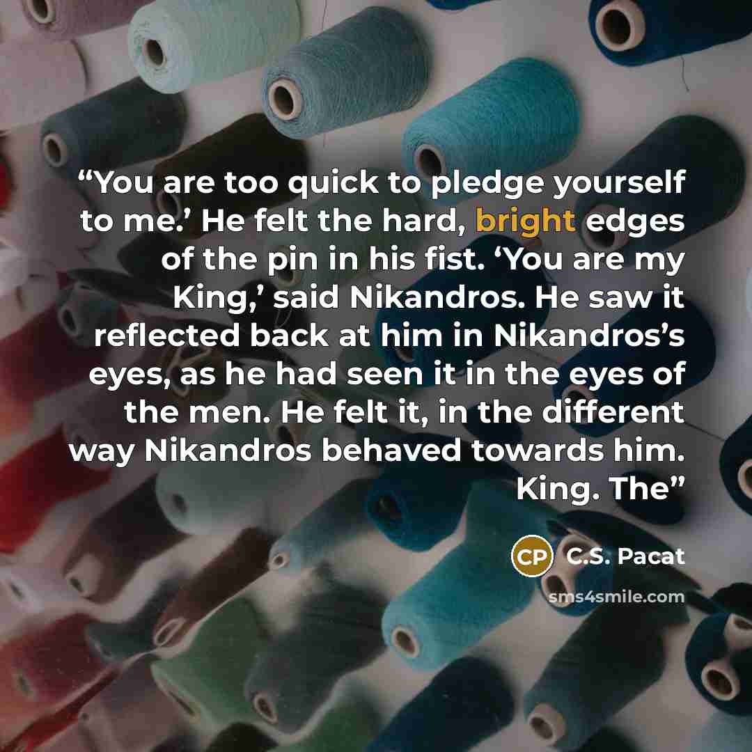 “You are too quick to pledge yourself to me.’ He felt the hard, bright edges of the pin in his fist. ‘You are my King,’ said Nikandros. He saw it reflected back at him in Nikandros’s eyes, as he had seen it in the eyes of the men. He felt it, in the different way Nikandros behaved towards him…” quote by C.S. Pacat