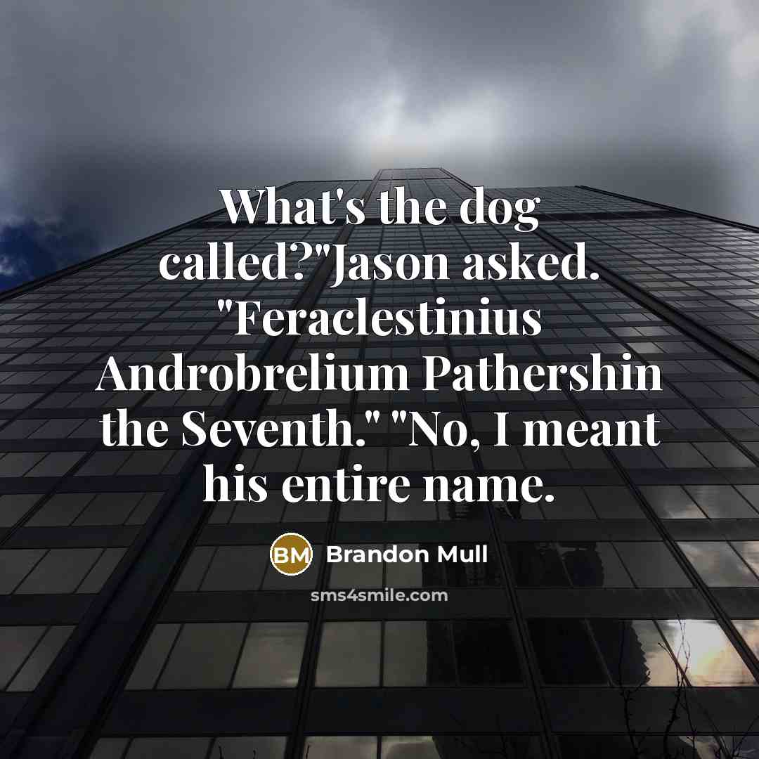 “What's the dog called?"Jason asked. "Feraclestinius Androbrelium Pathershin the Seventh."…” quote by Brandon Mull