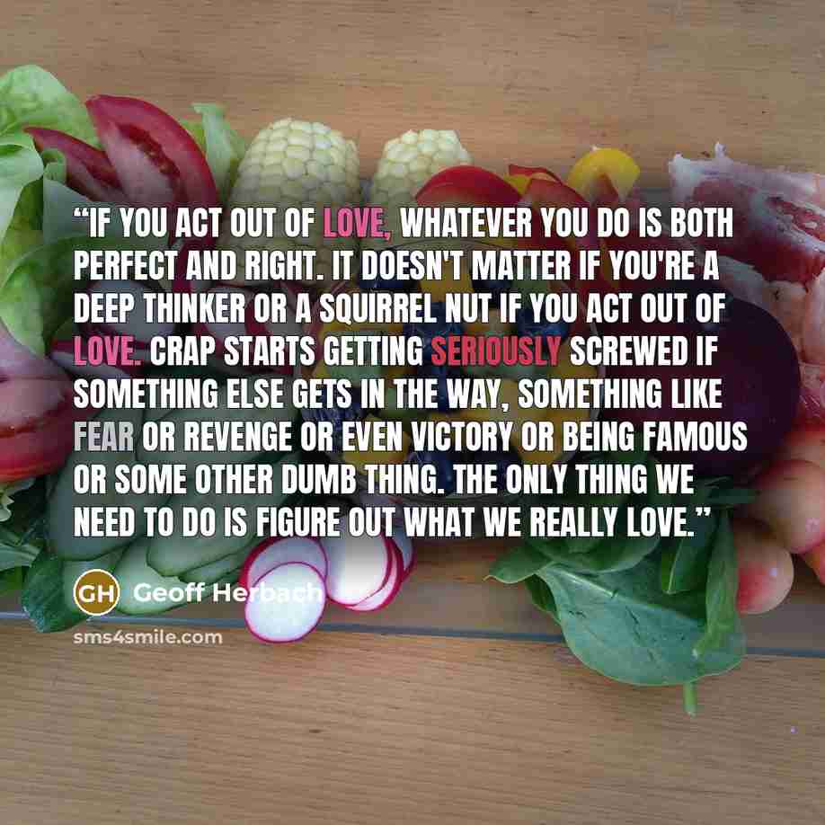 “If you act out of love, whatever you do is both perfect and right. It doesn't matter if you're a deep thinker or a squirrel nut if you act out of love. Crap starts getting seriously screwed if something else gets in the way, something like fear or revenge or even victory or being famous or some…” quote by Geoff Herbach