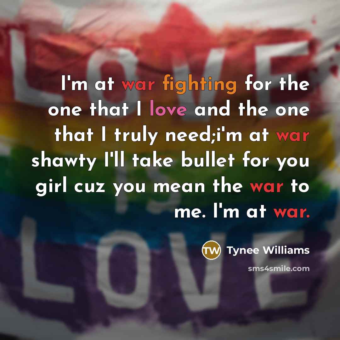 “I'm at war fighting for the one that I love and the one that I truly need;i'm at war shawty I'll take bullet for you girl cuz you mean the war to me. I'm at war.” quote by Tynee Williams