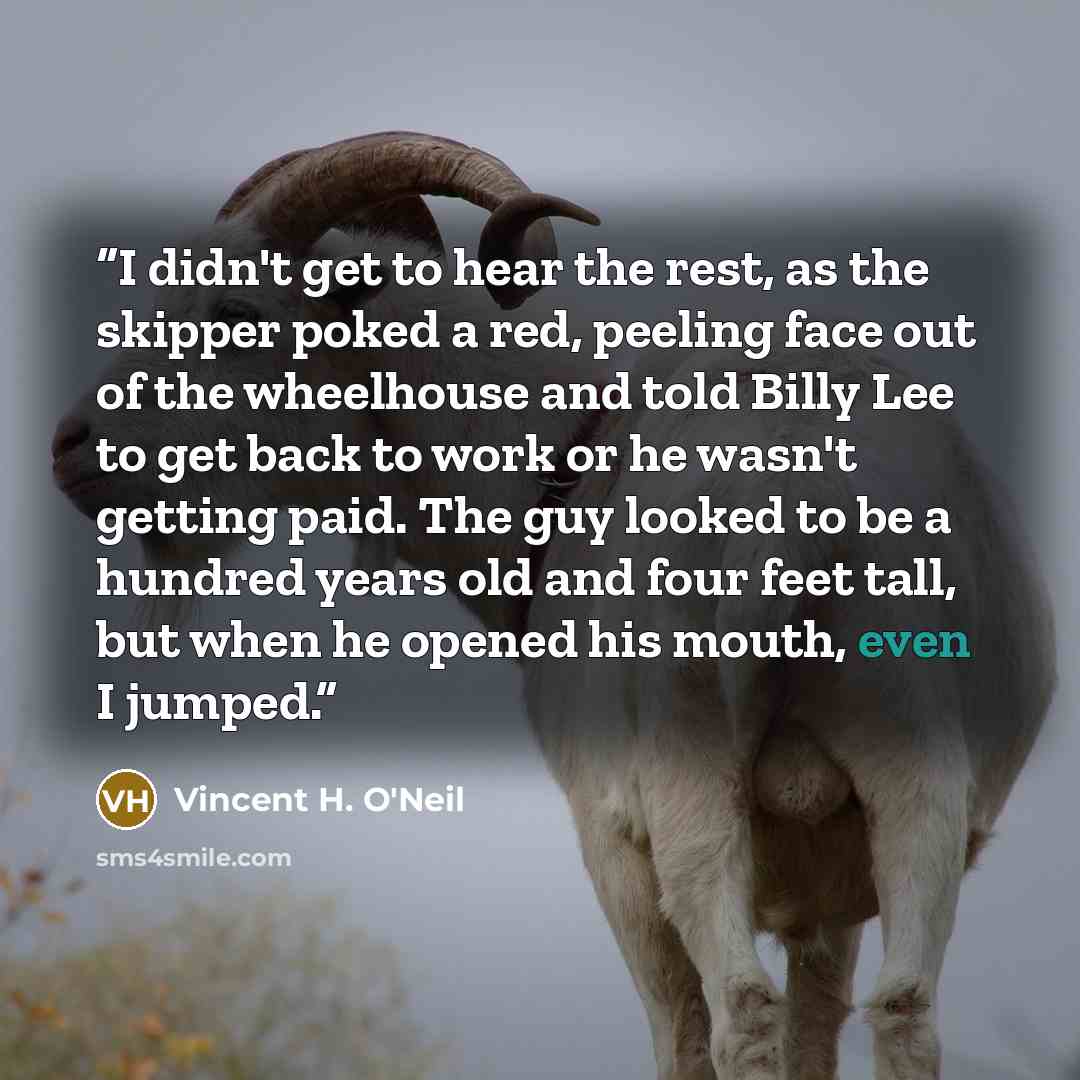 “I didn't get to hear the rest, as the skipper poked a red, peeling face out of the wheelhouse and told Billy Lee to get back to work or he wasn't getting paid. The guy looked to be a hundred years old and four feet tall, but when he opened his mouth, even I jumped.” quote by Vincent H. O'Neil