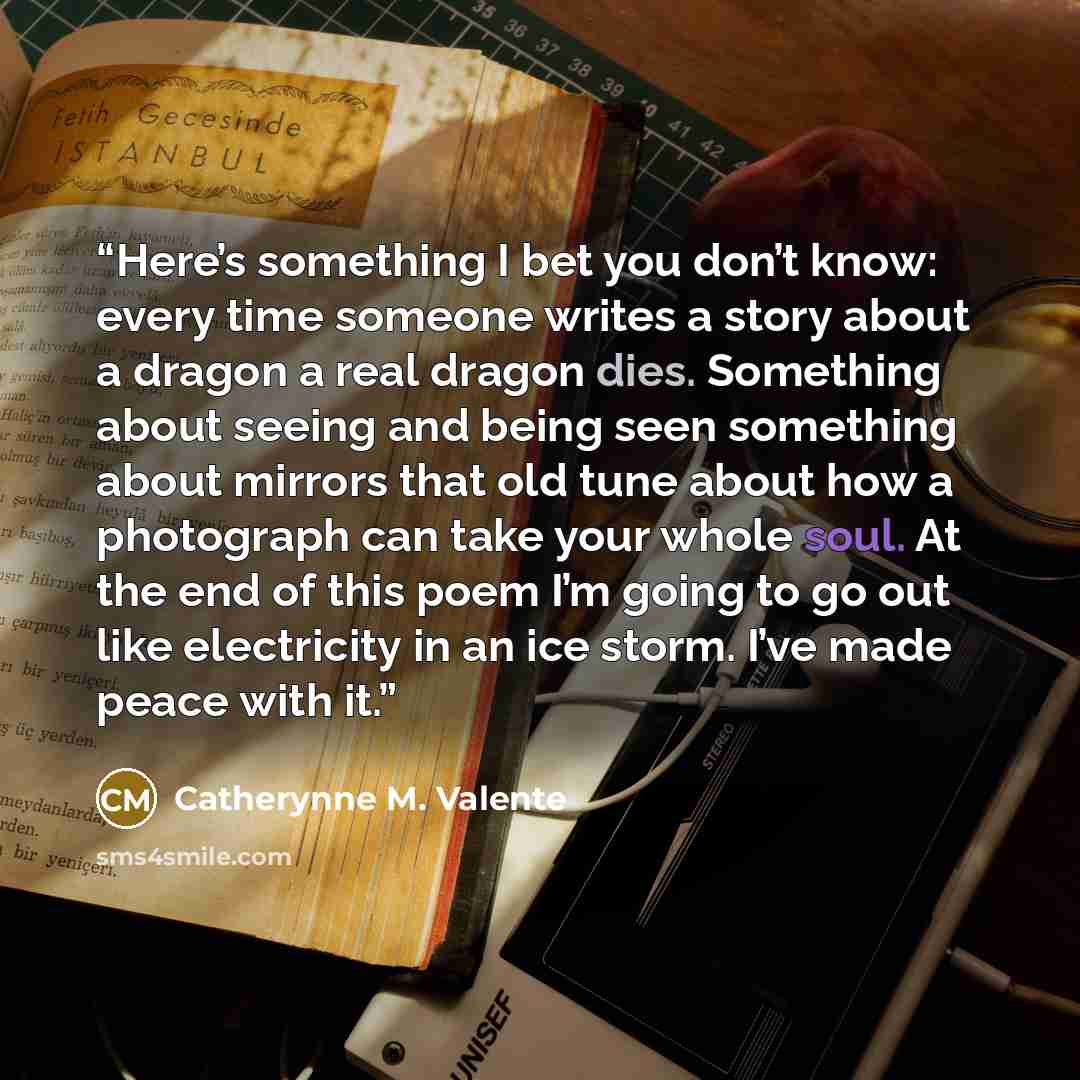 “Here’s something I bet you don’t know: every time someone writes a story about a dragon a real dragon dies. Something about seeing and being seen something about mirrors that old tune about how a photograph can take your whole soul. At the end of this poem I’m going to go out like electricity in…” quote by Catherynne M. Valente