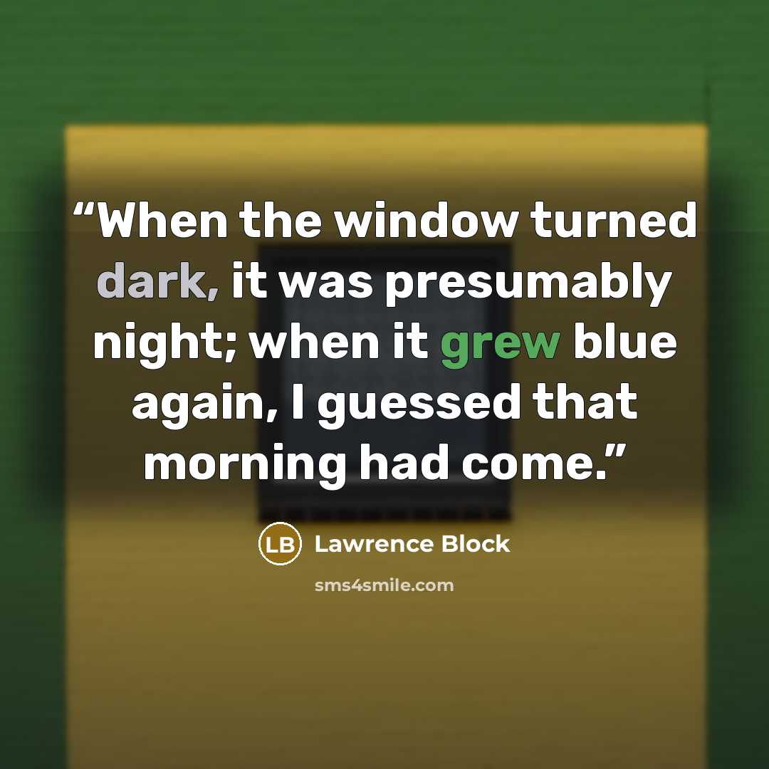 “When the window turned dark, it was presumably night; when it grew blue again, I guessed that morning had come.” quote by Lawrence Block
