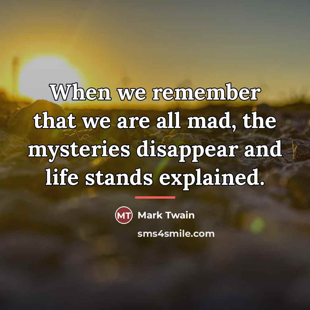“When we remember that we are all mad, the mysteries…” quote by Mark Twain