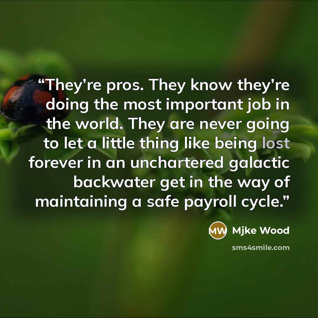 “They’re pros. They know they’re doing the most important job in the world. They are never going to let a little thing like being lost forever in an unchartered galactic backwater get in the way of maintaining a safe payroll cycle.” quote by Mjke Wood