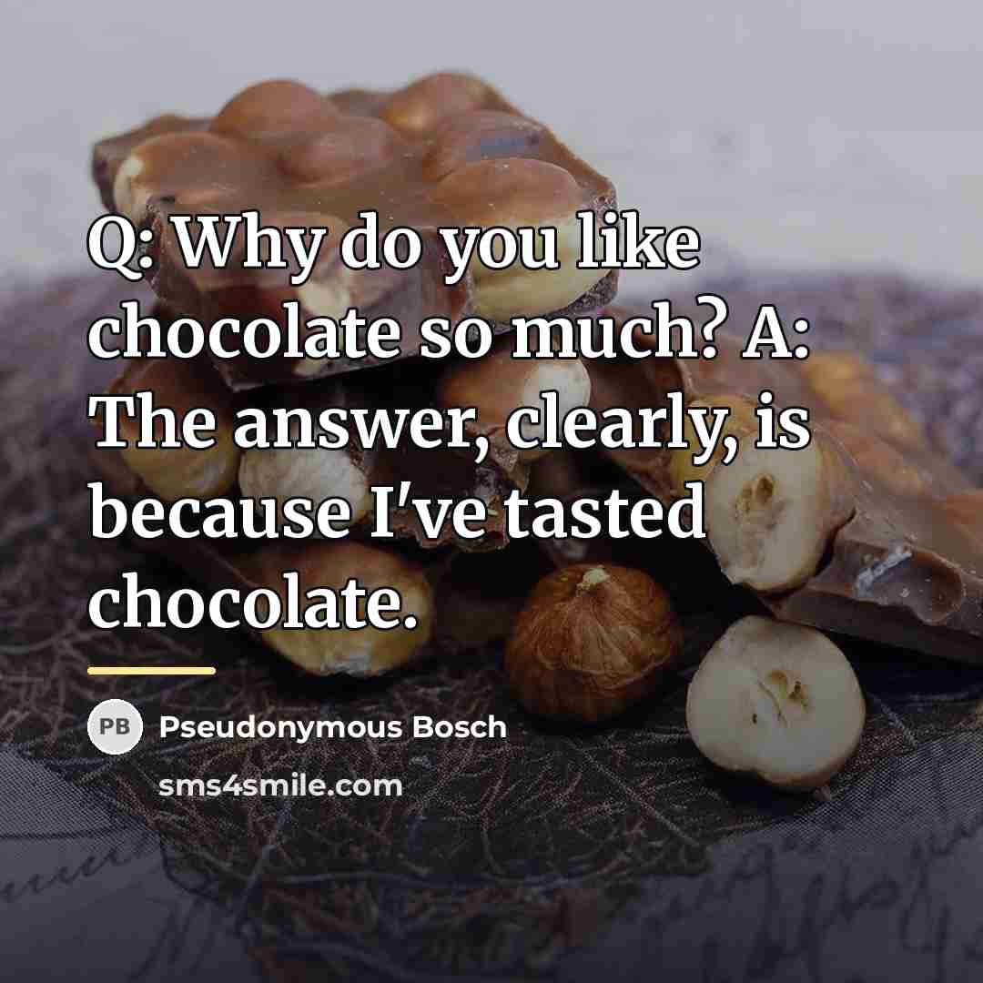 “Q: Why do you like chocolate so much? A: The…” quote by Pseudonymous Bosch