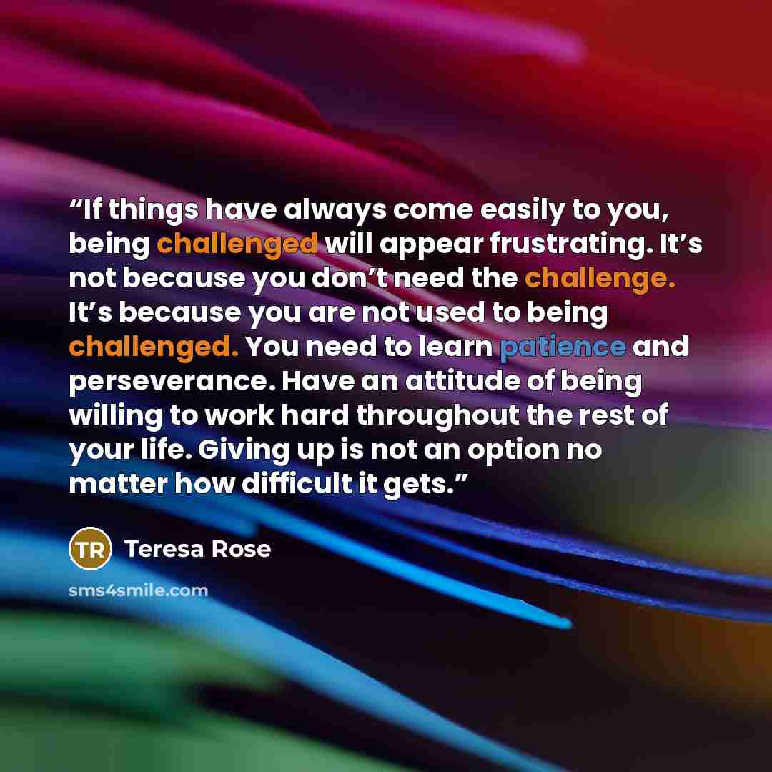 “If things have always come easily to you, being challenged will appear frustrating. It’s not because you don’t need the challenge. It’s because you are not used to being challenged. You need to learn patience and perseverance. Have an attitude of being willing to work hard throughout the rest of…” quote by Teresa Rose