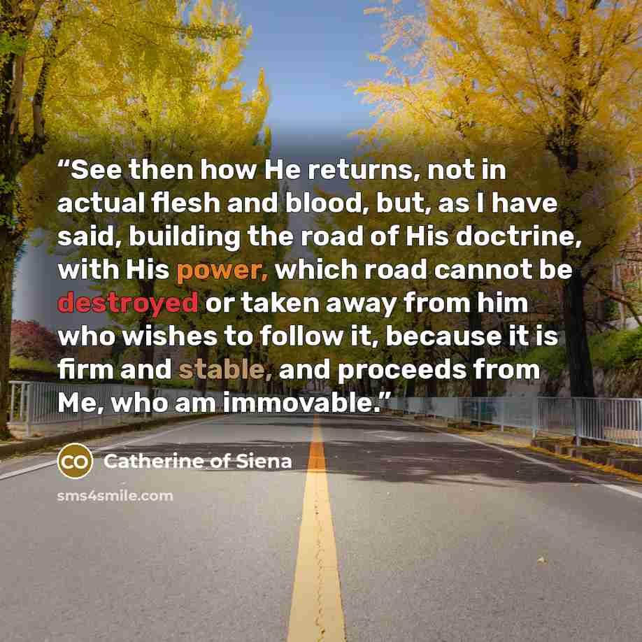 “See then how He returns, not in actual flesh and blood, but, as I have said, building the road of His doctrine, with His power, which road cannot be destroyed or taken away from him who wishes to follow it, because it is firm and stable, and proceeds from Me, who am immovable.” quote by Catherine of Siena