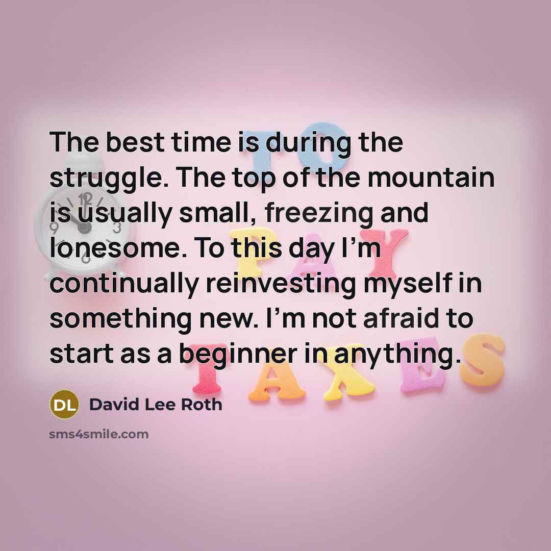 “The best time is during the struggle. The top of the mountain is usually small, freezing and lonesome. To this day I'm continually reinvesting myself in something new. I'm not afraid to start as a beginner in anything.” quote by David Lee Roth